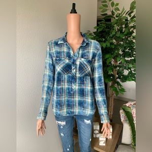 Cloth and Stone Ombré Blue Plaid Half Button Long Sleeve (S)